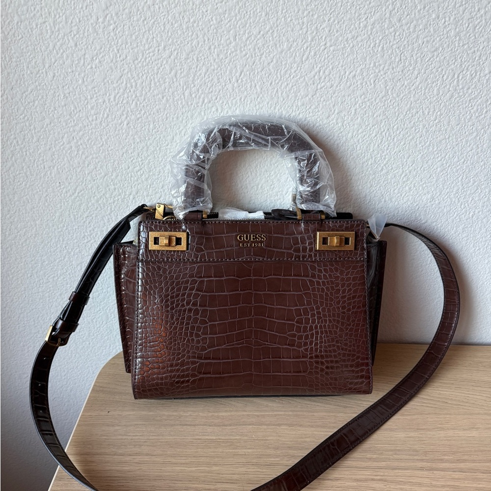 NWT GUESS Katey Croc Mini Satchel Brown Bag With Charms & Shoulder Strap